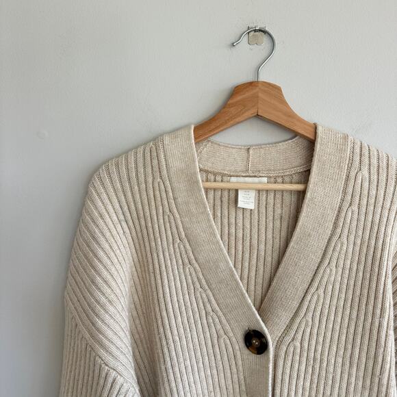 H&M Ribbed Knit Button-Front V-Neck Long Sleeve Cardigan Cream M - Picture 3 of 8